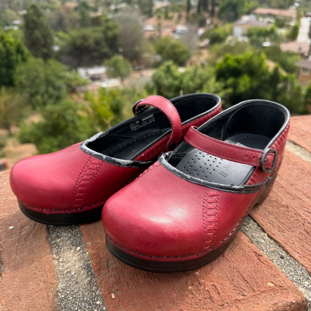 Dansko Red Leather Mary Jane Clogs Professional Buckle Strap Shoes 36